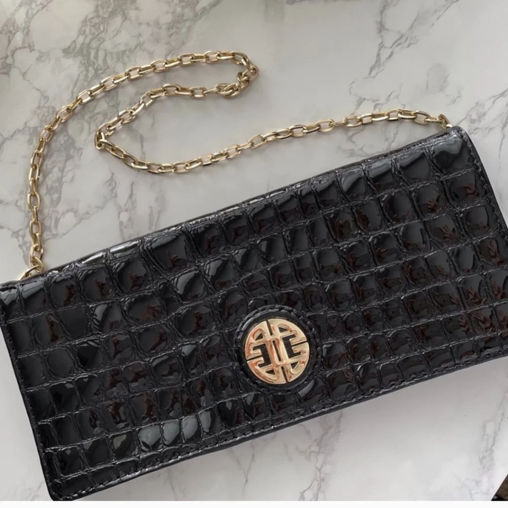 Antonio Melani Black Crocodile Leather Clutch Purse Gold Chain Magnetic Closure